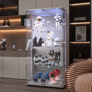 English Elm Tempered Glass Display Cabinet With Bluetooth Led Light, Locking Door, Mirrored Back – Stylish Storage! W3155S00016-GIGA