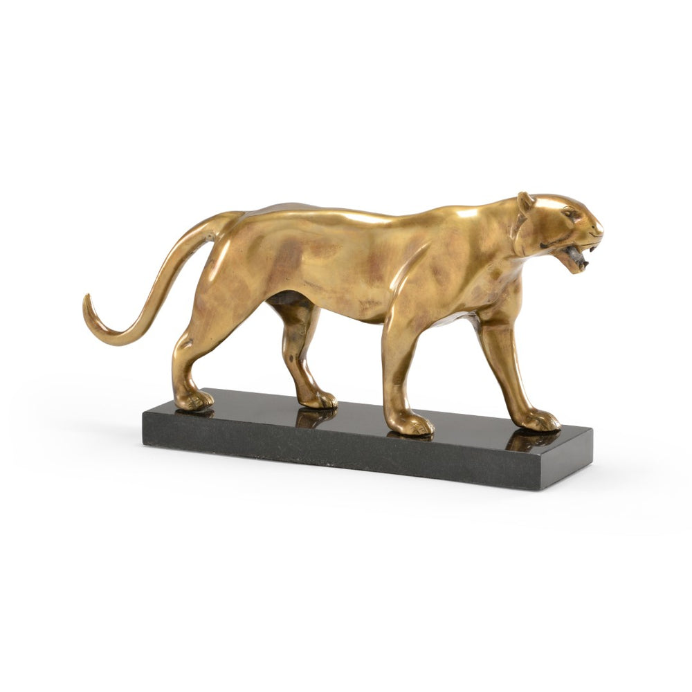 Wildwood Art Deco Tiger Brass Sculpture On Marble Plinth — Vintage Patina, 8.5"H X16"W Decorative Accent 300611