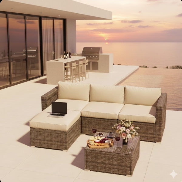English Elm 5-piece Outdoor Modular Pe Rattan Wicker Patio Set with Tempered Glass Coffee Table Beige B082P455126