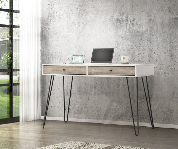 English Elm Taupe Oak Desk with 2 Storage Drawers, Metal Accents & Open Space-Saving MDF Design for Home Office B2699P237459