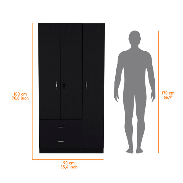 English Elm Eureka Spacious Three-Door Armoire with Two Drawers, Shelves and Rod for Organized Storage Black 39 L x 22 W x 5 H B128S00086