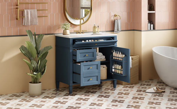 English Elm 36'' Bathroom Vanity With Sink, Modern Indigo Blue Storage Cabinet Featuring 3 Drawers & Adjustable Shelf N710P230246M