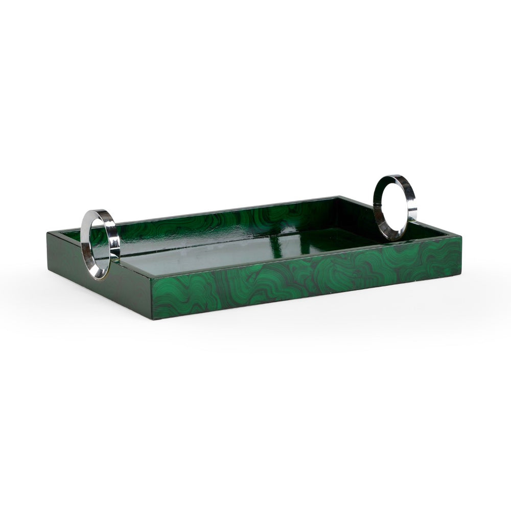Wildwood Malachite Hand-Painted Serving Tray With Polished Nickel Handles — Marbleized Green Wood Accent Tray 300713