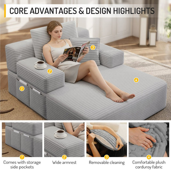 English Elm Luxurious Corduroy Convertible Chaise Lounge Sofa Bed with Foam Support for Apartments Light Grey W3219P449013
