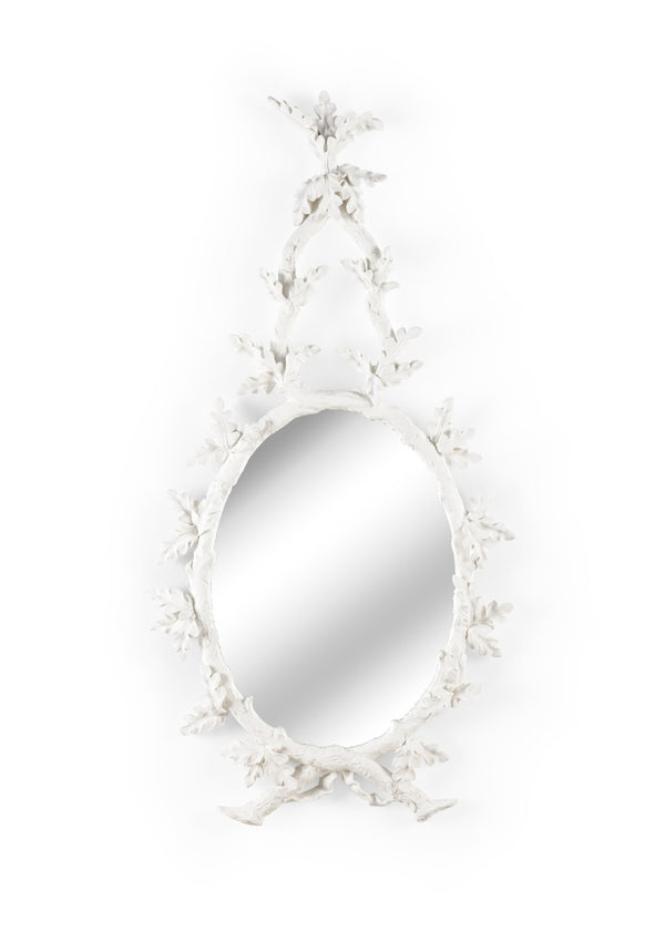 Wildwood Oakmont Oval Mirror In Matte White With Sculpted Oak Leaf Frame, Lightweight Elegant Wall Accent 300850