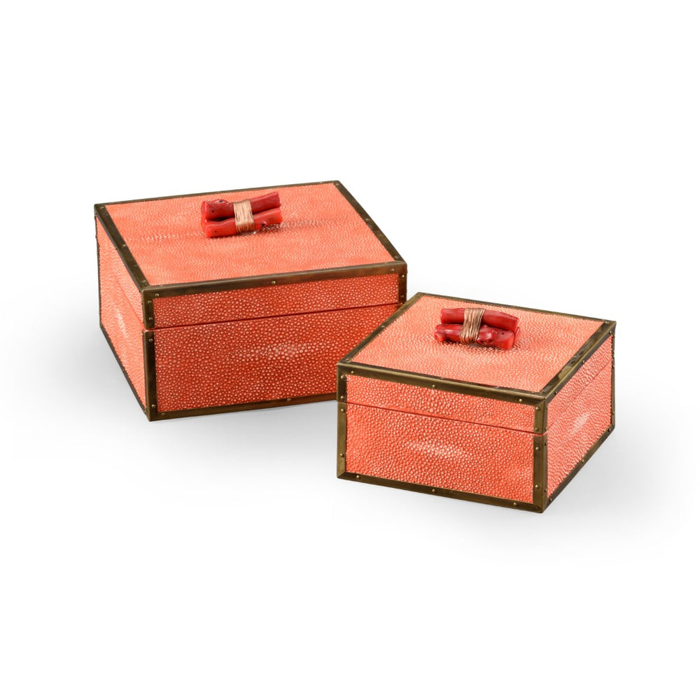 Wildwood Coral Decorative Storage Boxes Set Of 2 With Faux Shagreen, Antique Brass Trim & Twine Coral Handle (Sea) 300888