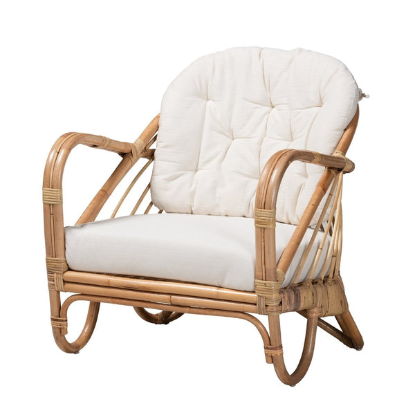 English Elm Modern Handcrafted Rattan Armchair Bohemian Woven Frame with Removable Cushion Accent Seat B2750P470075