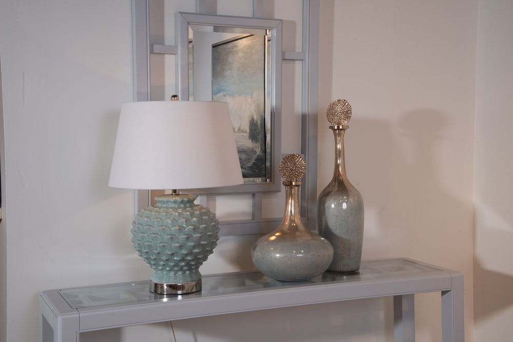 Wildwood Helsinki Bottle (Sm) Hand-Finished Ombre Art Glass Accent With Blue-To-Amber Fade, Nickel Finial, 18" 300908