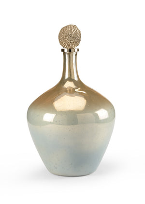 Wildwood Helsinki Large Art Glass Bottle With Ombre Blue-Silver-Amber Finish And Nickel Textured Finial For Decor 25h x 15w x 15d 300910