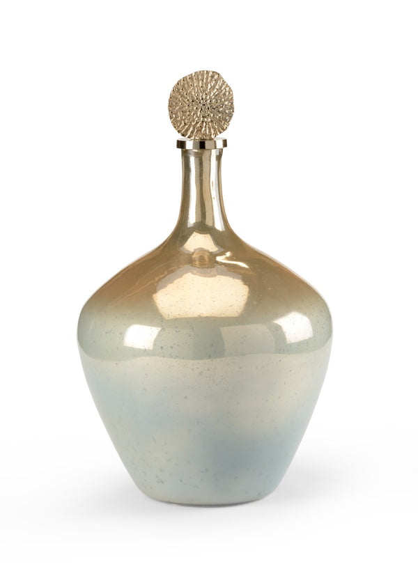 Wildwood Helsinki Large Art Glass Bottle With Ombre Blue-Silver-Amber Finish And Nickel Textured Finial For Decor 25h x 15w x 15d 300910