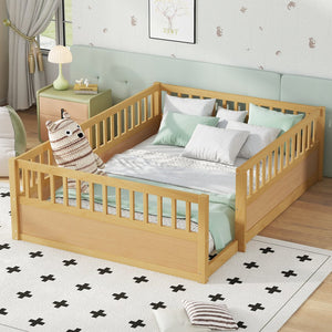 English Elm Full Montessori Floor Bed Frame with Fence for Kids — Pine Play & Reading Space, Sturdy Low Profile Natural W1580P307884