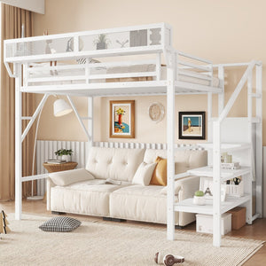 English Elm Twin Twin Size Loft Bed with Stairs and Built-In Shelves, Metal High Loft with Wardrobe for Kids Teens White W2580S00036