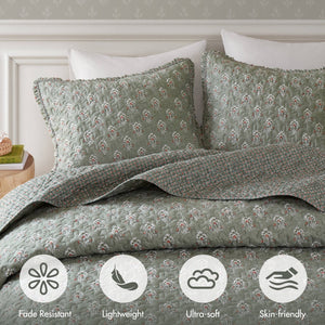 English Elm 3-piece King Quilt Set Ruffle Trim Vermicelli Stitching Soft Polyester Bohemian Bedding Sage Green B035P408231