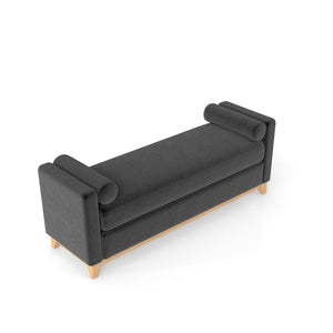 English Elm 66.34 Inch Sherpa Fleece Bench with Fluted Wood Legs Bolster Pillows Mid-century Lounge Black+Natural W1658P445920