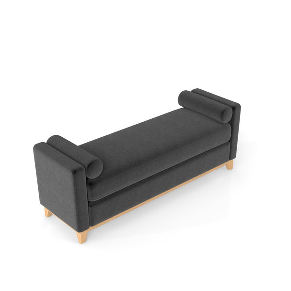 English Elm 66.34 Inch Sherpa Fleece Bench with Fluted Wood Legs Bolster Pillows Mid-century Lounge Black+Natural W1658P445920