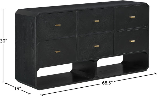Meridian Furniture Parker Six Drawer Ash Veneer Dresser Mid-century Modern Style Bedroom Storage Furniture Black 300Black-D