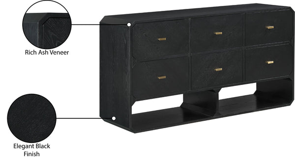 Meridian Furniture Parker Six Drawer Ash Veneer Dresser Mid-century Modern Style Bedroom Storage Furniture Black 300Black-D