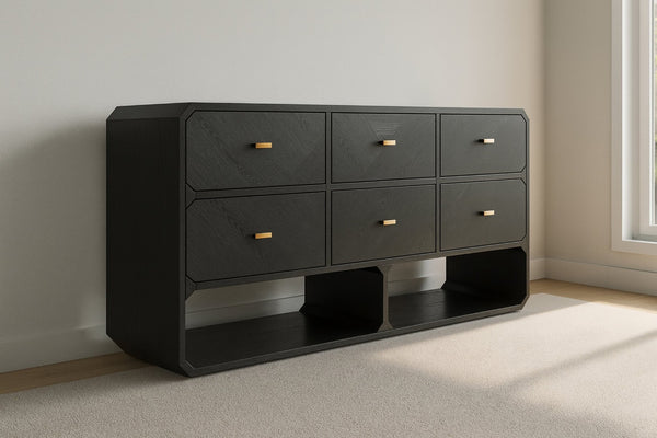 Meridian Furniture Parker Six Drawer Ash Veneer Dresser Mid-century Modern Style Bedroom Storage Furniture Black 300Black-D