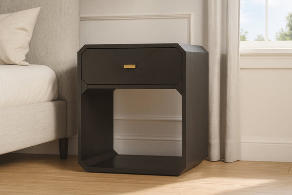 Meridian Furniture Parker Mid-century Modern Ash Veneer Nightstand with Single Drawer for Bedroom Storage Black 300Black-NS