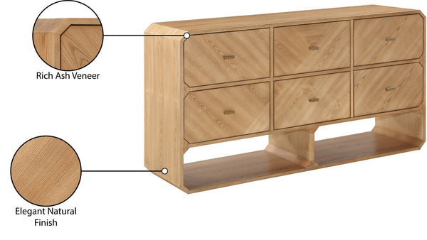 Meridian Furniture Parker Six Drawer Ash Veneer Dresser Mid-century Modern Style Bedroom Storage Furniture Natural 300Natural-D