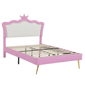 English Elm Full Size Upholstered Princess Bed Frame With Led Lights, Crown Headboard In Pink & White Design W2770P190360