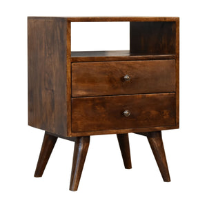 English Elm Classic Chestnut Solid Mango Wood Nightstand with Brass Knobs, 2 Drawers & Open Shelf, Nordic Legs B182P336645