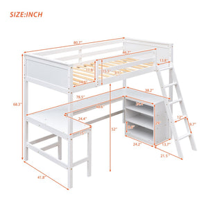English Elm Twin Loft Bed with Desk and Shelves Solid Pine Kids Bedroom Space Saving Design White LT001537AAK