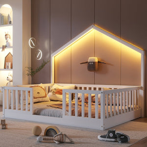 English Elm Twin Montessori Floor Bed House Frame with Led Lighting and Safety Rails for Kids White W2593P440604