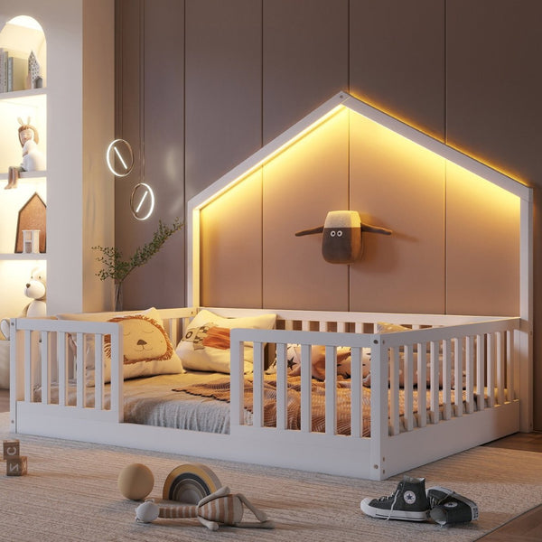 English Elm Twin Montessori Floor Bed House Frame with Led Lighting and Safety Rails for Kids White W2593P440604