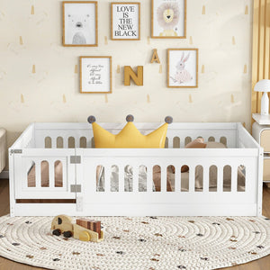 English Elm Full Size Floor Bed With Guardrails & Door - Solid Wood Bedframe For Safe, Stylish Kids' Sleep W1820P240539