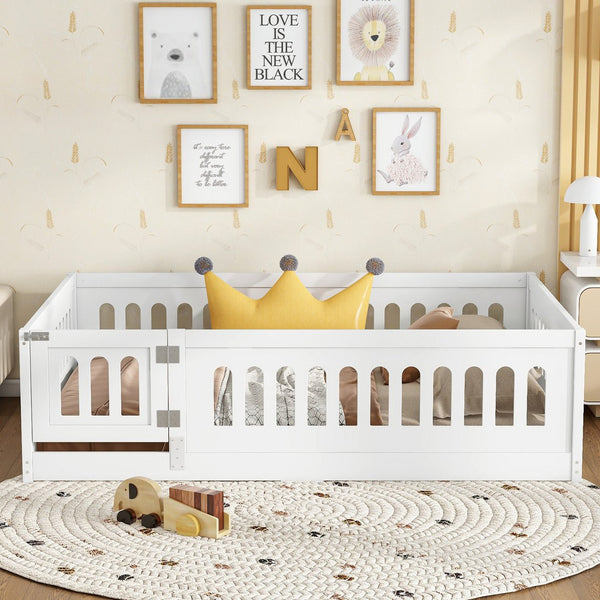 English Elm Full Size Floor Bed With Guardrails & Door - Solid Wood Bedframe For Safe, Stylish Kids' Sleep W1820P240539