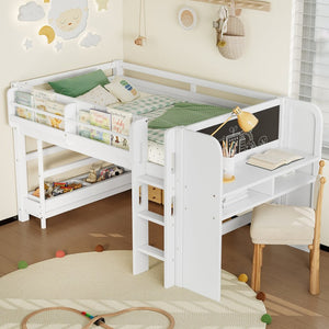 English Elm Twin Low Loft Bed Solid Pine Frame Kids Study Desk Blackboard Storage White W1580S00297