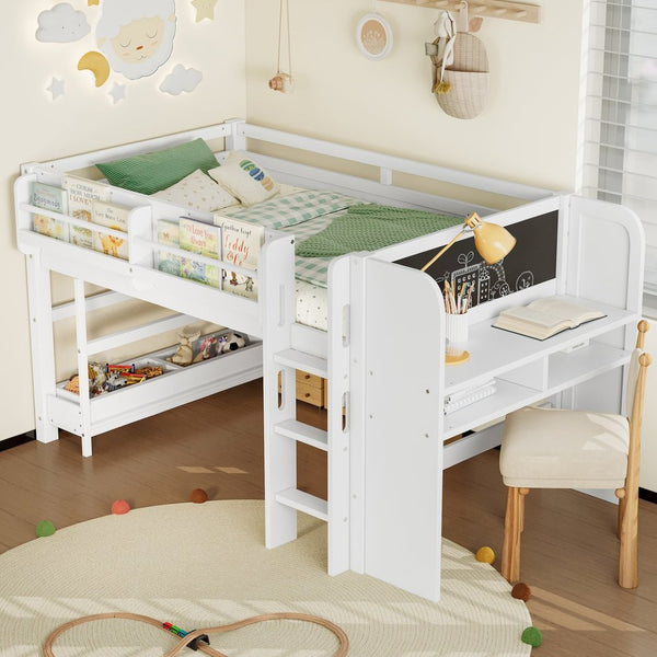 English Elm Twin Low Loft Bed Solid Pine Frame Kids Study Desk Blackboard Storage White W1580S00297