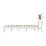 English Elm Full Size Wooden Platform Bed With Natural Rattan Headboard, Exquisite Elegance With Minimalist Charm For Bedroom, White