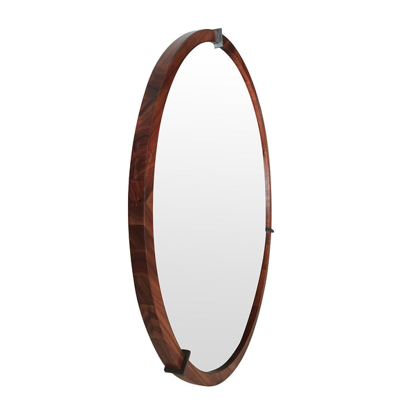 English Elm Jennifer Taylor Home - Hausen 31.5" Mid-Century Round Wall Mirror with Walnut Veneer, Gunmetal Accents, Spacious Glow B2719P246002