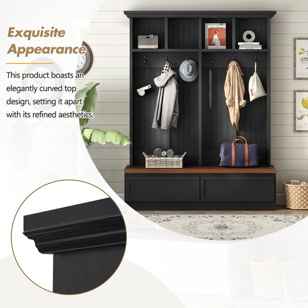 English Elm Rattan Door Hall Tree Bench with 6 Hooks Farmhouse Entryway Storage Black + Dark Walnut N721S000076B