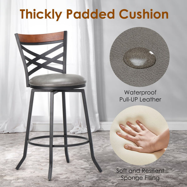 English Elm Mid Century Modern Swivel Bar Stools Set of 2 — Counter Height Faux Leather Seats, 360° Rotation, Gray T3623P407846