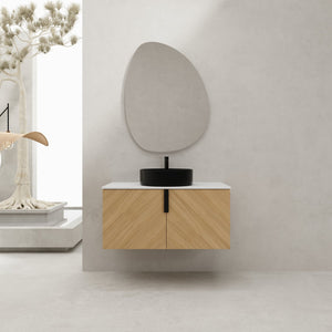 English Elm 36" Bathroom Vanity With Ceramic Vessel Sink & White Stone Top - Modern Wall-Mounted Design, Soft-Close Doors W999S00449