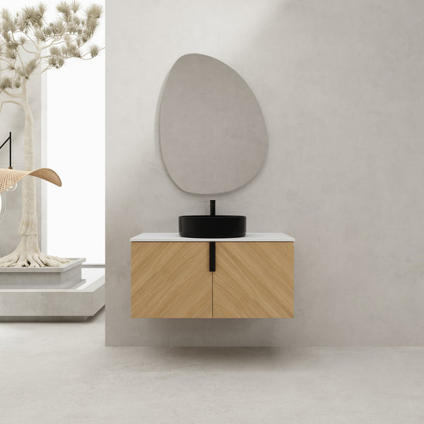 English Elm 36" Bathroom Vanity With Ceramic Vessel Sink & White Stone Top - Modern Wall-Mounted Design, Soft-Close Doors W999S00449