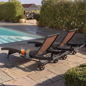 English Elm K&k Outdoor Wicker Reclining Chaise Set 2 Piece with Pull Out Tray Rolling Wheels Black+Brown N707P395515D
