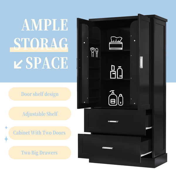 English Elm Tall Bathroom Storage Cabinet with Adjustable Shelves, Two Doors & Drawers, Space-Saving 66" Tall Black N725P178675B