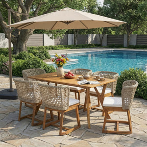 English Elm Outdoor Acacia Wood Dining Set Seats Six with Wicker Chairs and Teak Finish Patio Table N773OD00137B