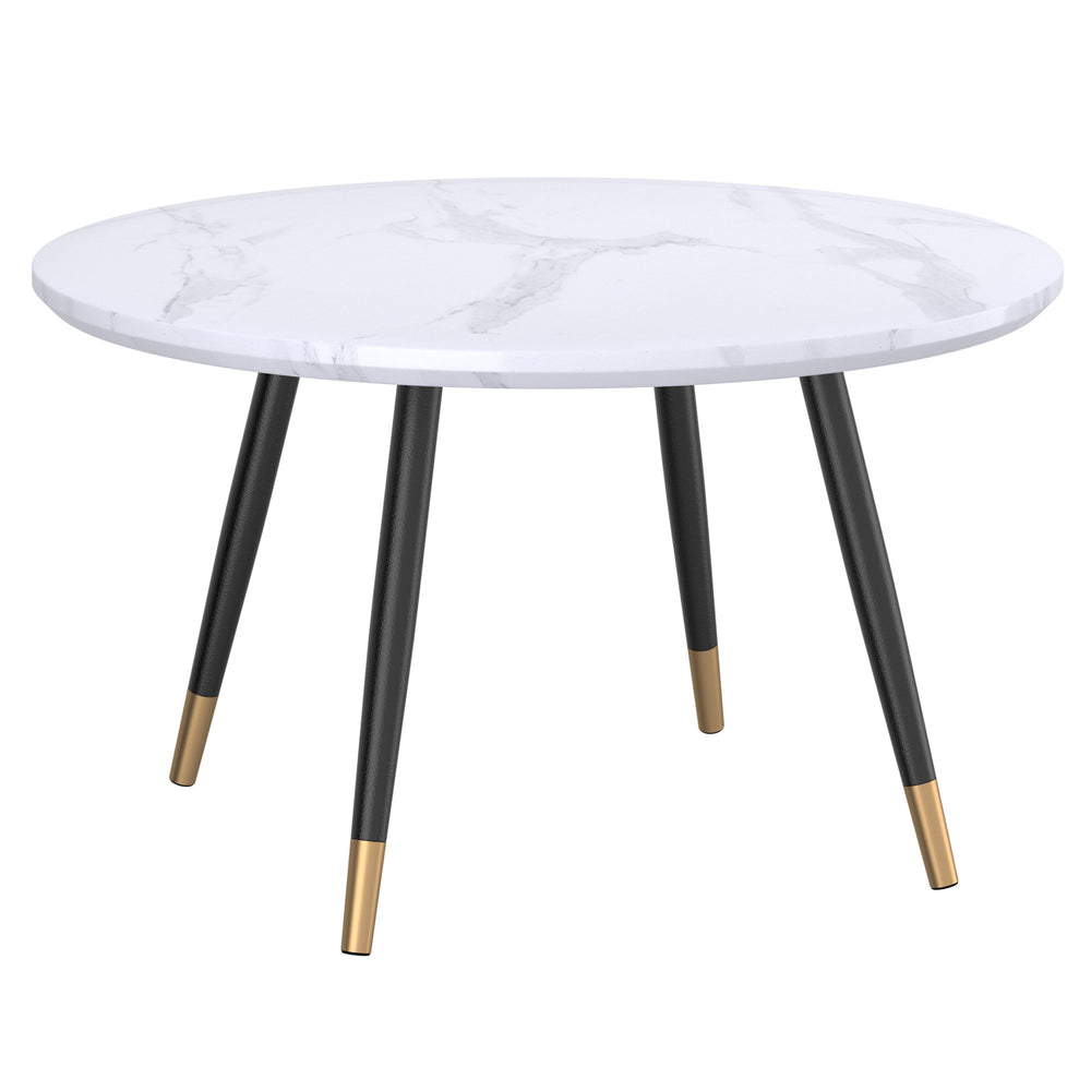 Worldwide Home Furnishings Emery-round Coffee Table - Chic Marble Accent With Stylish A-line Metal Legs For Modern Spaces White Faux Marble,Black Engineered Wood,Laminated Veneer,Metal 301-294rnd-wt