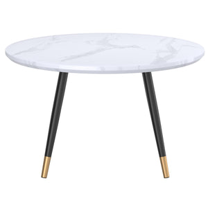 Worldwide Home Furnishings Emery-round Coffee Table - Chic Marble Accent With Stylish A-line Metal Legs For Modern Spaces White Faux Marble,Black Engineered Wood,Laminated Veneer,Metal 301-294rnd-wt