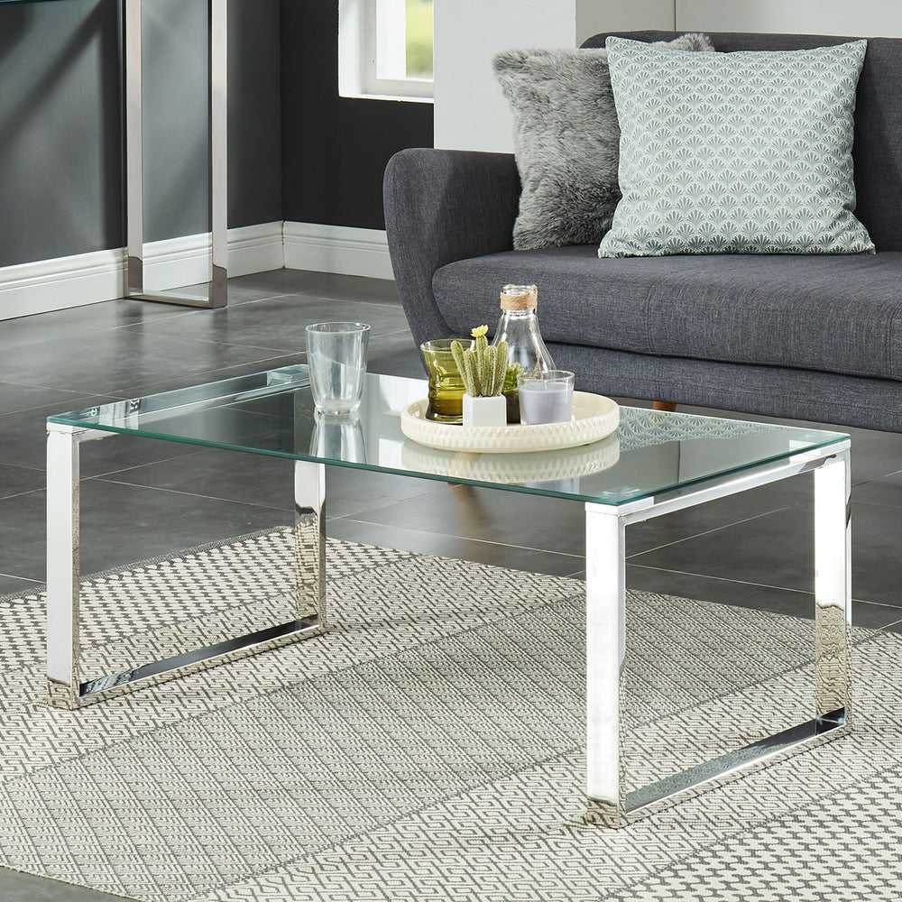 Worldwide Home Furnishings Zevon-coffee Minimalist Silver Glass Coffee Table – Contemporary Design For Stylish Living Spaces Silver Stainless Steel,Glass 301-408ch
