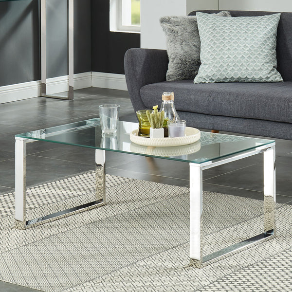 Worldwide Home Furnishings Zevon-coffee Minimalist Silver Glass Coffee Table – Contemporary Design For Stylish Living Spaces Silver Stainless Steel,Glass 301-408ch