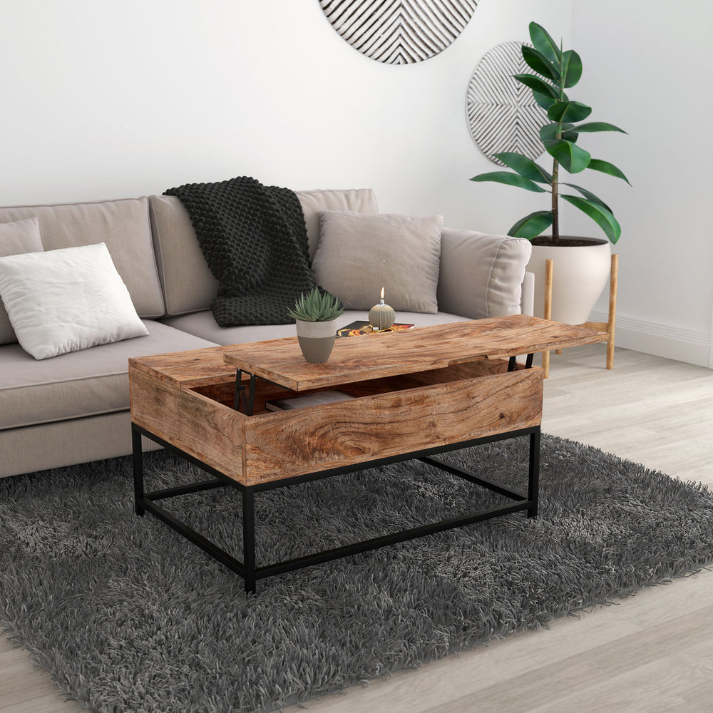 Worldwide Home Furnishings Ojas-lift-top Rustic Modern Coffee Table With Lift-top Storage For Stylish Living Spaces & Convenience Natural Burnt,Black Solid Wood,Wrought Iron 301-513nt