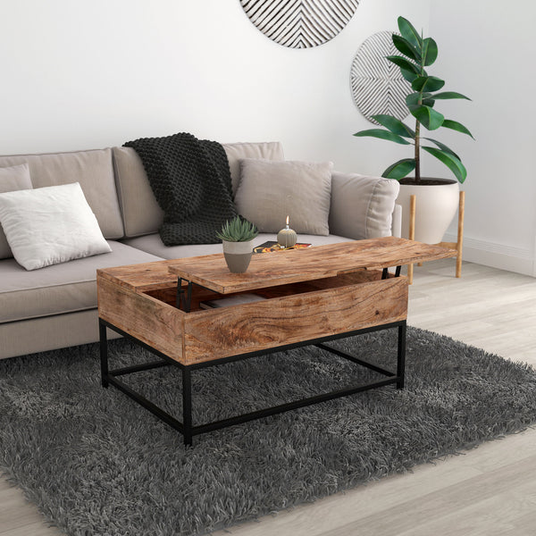 Worldwide Home Furnishings Ojas-lift-top Rustic Modern Coffee Table With Lift-top Storage For Stylish Living Spaces & Convenience Natural Burnt,Black Solid Wood,Wrought Iron 301-513nt