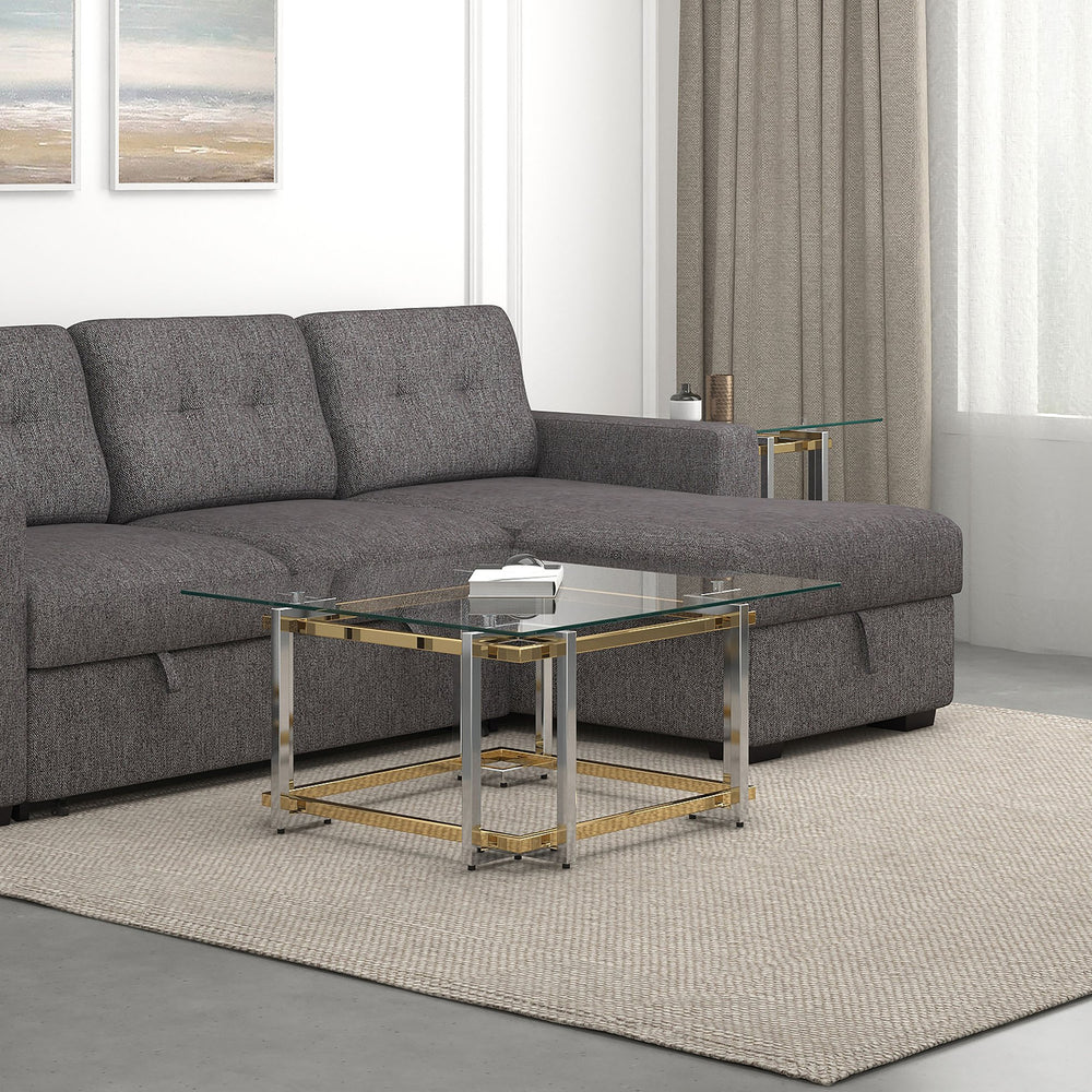 Worldwide Home Furnishings Florina-sq Modern Metal & Glass Coffee Table - Elegant Silver/Gold Finish For Stylish Living Spaces Silver,Gold Metal,Glass 301-561squ