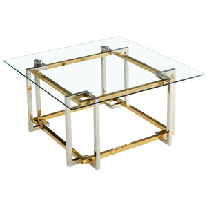 Worldwide Home Furnishings Florina-sq Modern Metal & Glass Coffee Table - Elegant Silver/Gold Finish For Stylish Living Spaces Silver,Gold Metal,Glass 301-561squ
